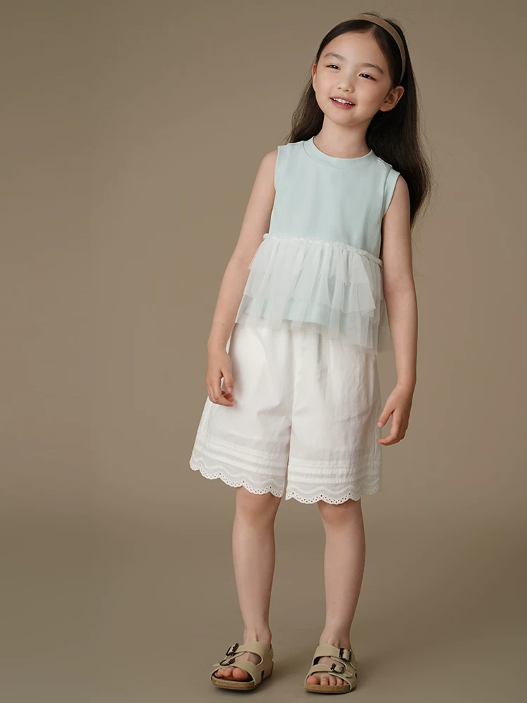 Quần áo trẻ em mùa hè áo mỏng không tay áo vest dệt kim lưới giả hai mảnh trang phục mùa hè cho bé gái