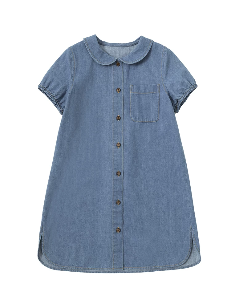 Quần áo trẻ em cho trẻ lớn, váy mùa hè cổ búp bê, váy denim ngắn tay thường ngày cho bé gái, chất liệu cao cấp.