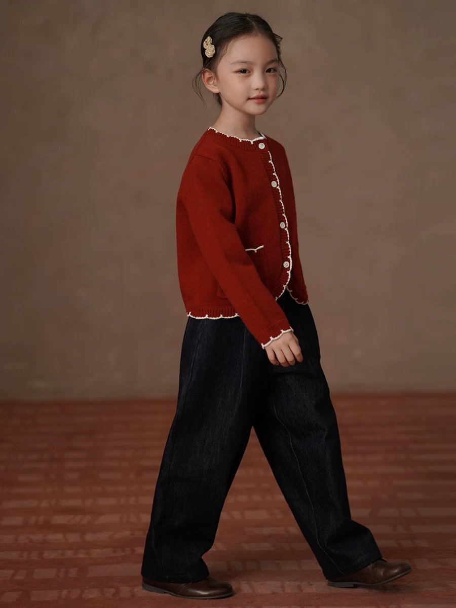 Quần lót lông cừu mùa đông cho trẻ em quần jean dáng rộng đa năng phong cách retro bé trai bé gái quần cà rốt ấm áp