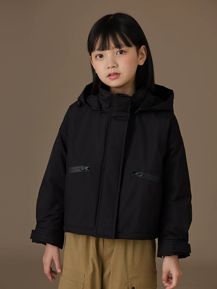 Áo khoác có mũ trùm đầu màu đen cho trẻ em mùa thu đông, quần áo cotton thông thường cho bé trai và bé gái, áo khoác ngoài chống gió và chống nước.