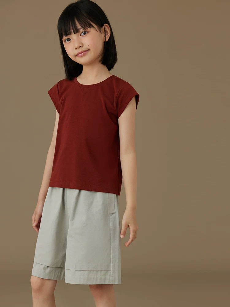 Quần áo trẻ em Áo thun cổ tròn màu đỏ tía cho bé gái, áo ngắn tay mùa hè mới, trang phục mùa hè thông thường đa năng cho trẻ em, mỏng
