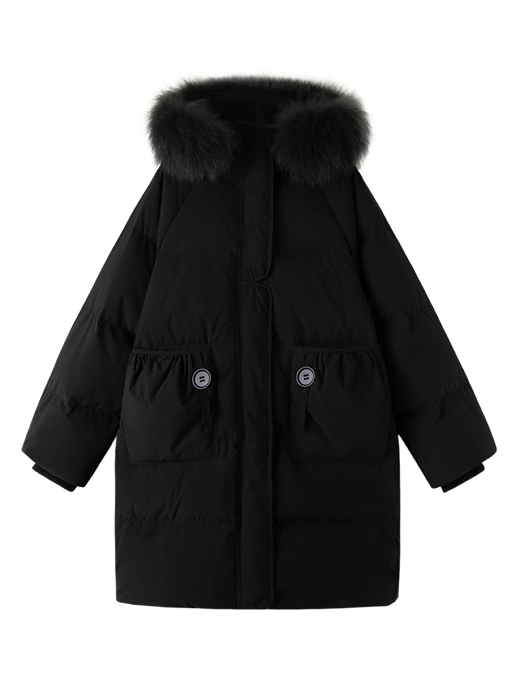 Áo khoác mùa đông dày dặn giữ ấm cho trẻ em, cổ lông thật màu đen, áo khoác lông dài vừa phải cho bé gái và bé trai.