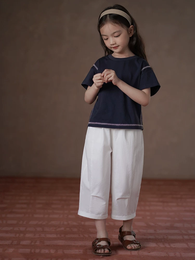 Quần áo trẻ em mùa hè quần ống rộng mỏng cho bé gái, quần chín phần, quần dài cotton trắng dáng rộng thoải mái cho bé gái