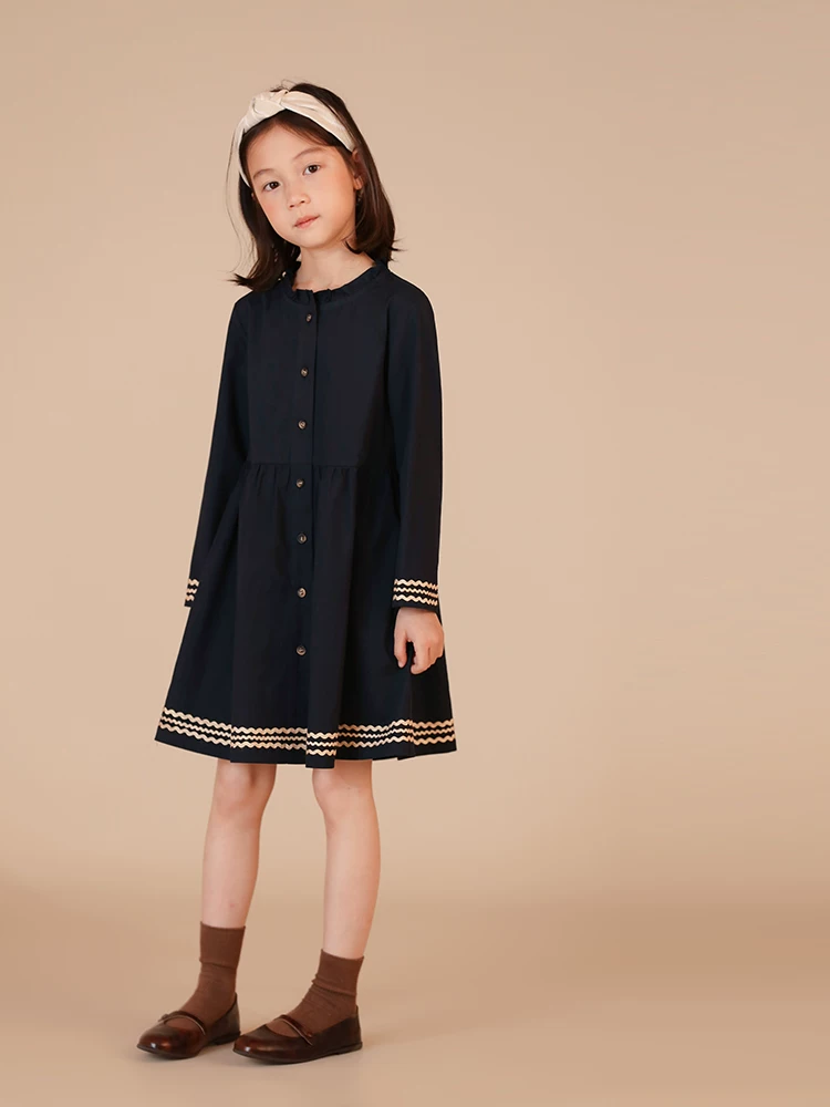 Quần áo trẻ em mùa xuân thu, đầm dạ hội trẻ em chất liệu cotton 100%, cổ ren, màu xanh navy, kiểu học sinh, đầm dài tay cho bé gái, trang phục dạ hội