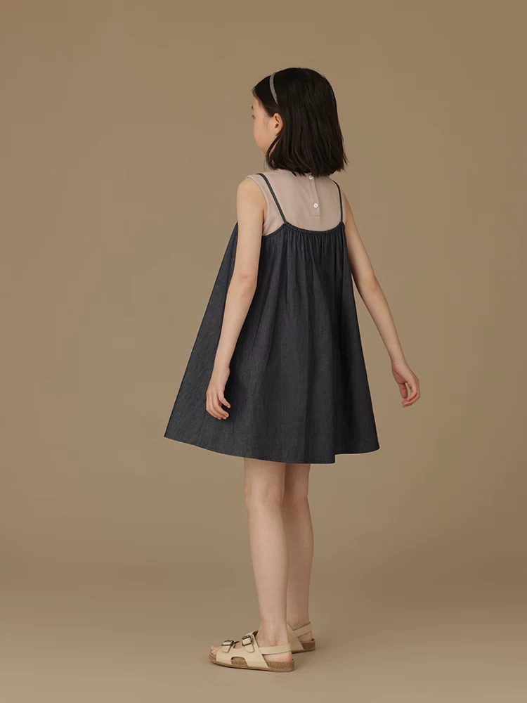 Quần áo trẻ em váy vest mùa hè váy denim cotton mỏng váy bé gái váy giả hai mảnh cho bé gái
