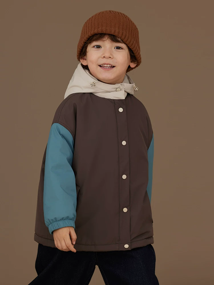Quần áo cotton thường ngày mùa đông cho trẻ em bé trai và bé gái áo có màu phối đơn giản mang lại cảm giác cao cấp áo khoác có mũ trùm đầu dày cho trẻ em