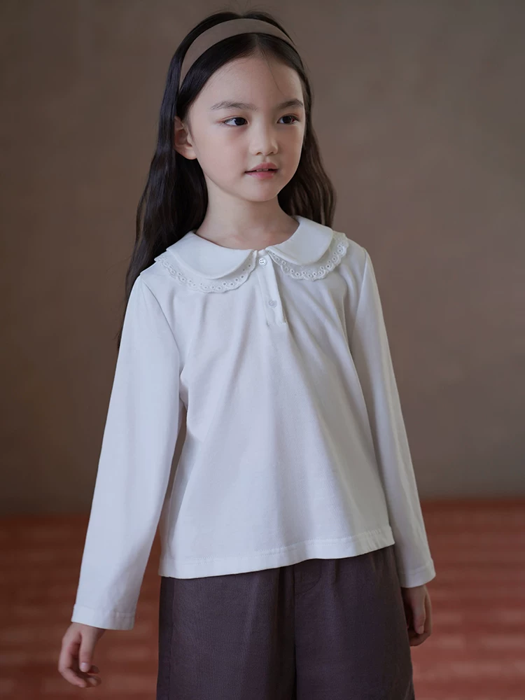 Quần áo trẻ em mùa thu phong cách mới cổ búp bê áo dệt kim bé gái áo thun dài tay áo sơ mi nữ mùa thu đông