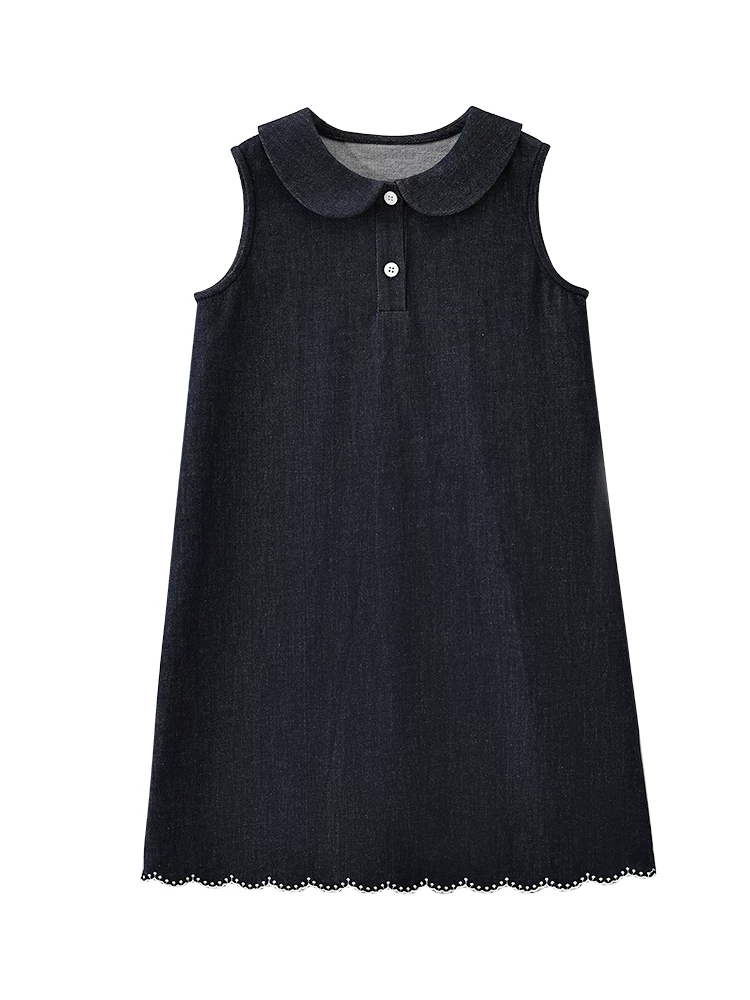 Váy liền thân không tay kiểu học sinh đơn giản cổ điển chất liệu denim dành cho bé gái lớn