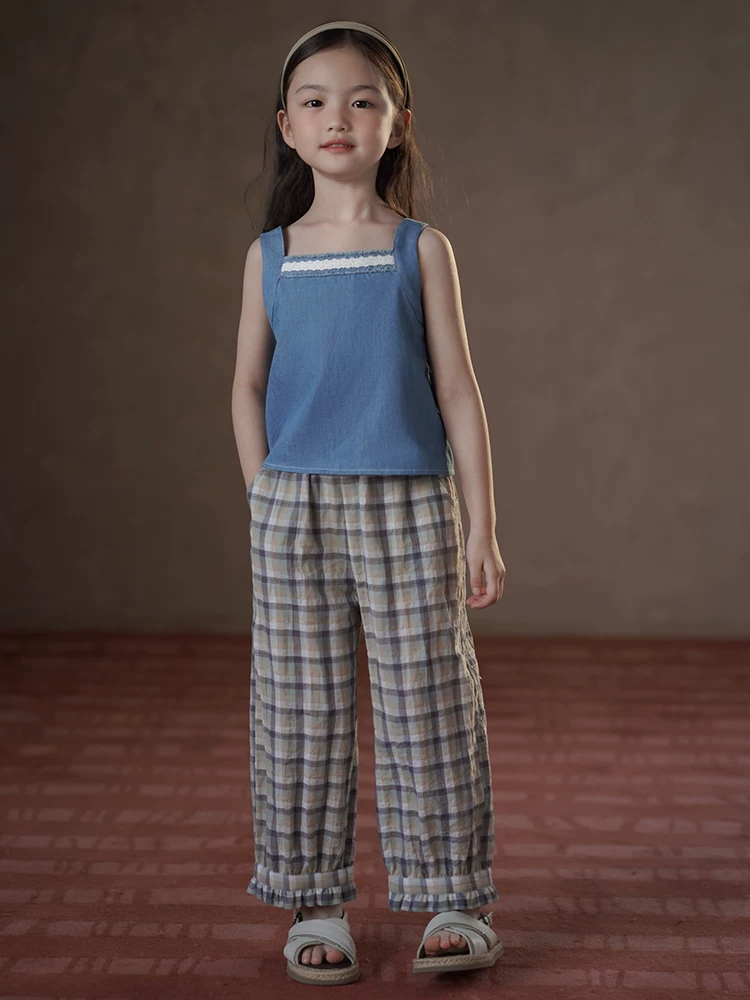 Quần mỏng mùa hè cho trẻ em, quần dài kẻ sọc ren cotton thân thiện với làn da cho bé gái, quần chống muỗi cho bé gái.
