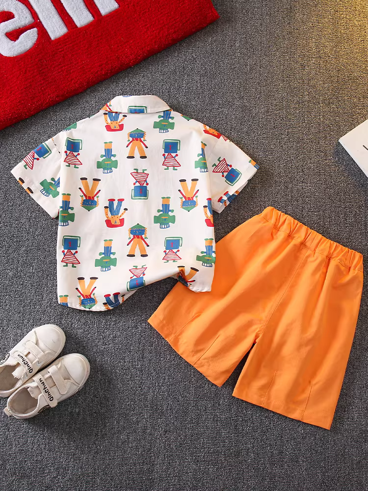 Bộ quần áo hè 2025 cho bé, thời trang in hình toàn thân, áo thun ngắn tay, kiểu dáng thời trang