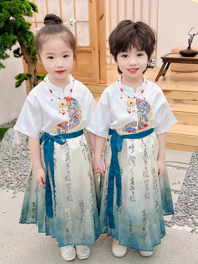 Váy hình mặt ngựa cho trẻ em, bộ đồ Tang phong cách Trung Hoa cho bé trai và bé gái, bộ quần áo dân tộc kiểu cổ mỏng ngày 3 tháng 3 cho bé