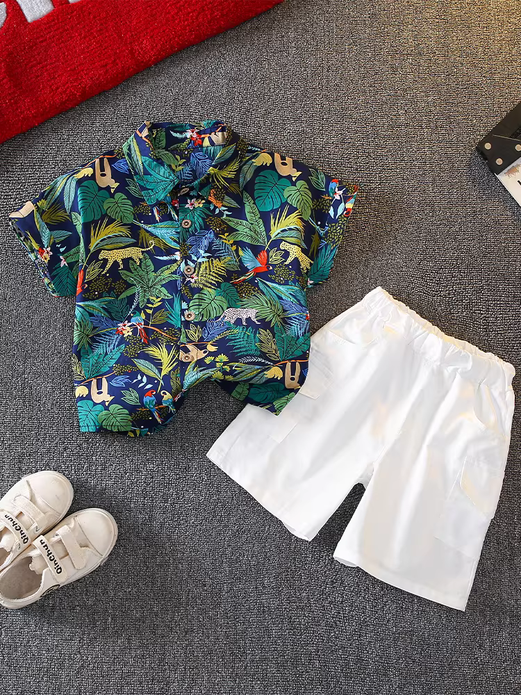 Bộ đồ mùa hè ngắn tay cho bé trai 2025, áo sơ mi mùa hè đi biển mới cho bé trai, quần áo trẻ em mùa hè mỏng cho bé