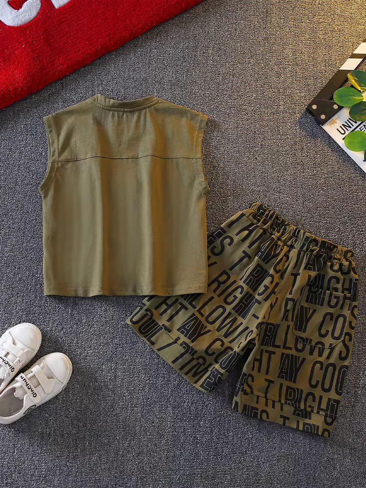 Bộ vest hè bé trai 2025 kiểu mới thời thượng, quần áo hè không tay cho bé, bộ hai mảnh mát mẻ cho trẻ em