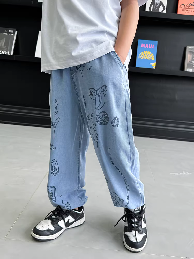 Quần chống muỗi cho bé trai, kiểu dáng mỏng mùa hè 2025, quần jean Tencel mới cho bé trai, quần lụa đá mát mẻ cho bé