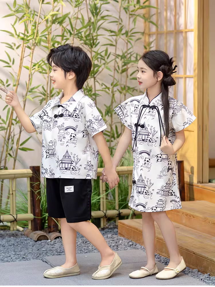 Trang phục gấu trúc kiểu Trung Hoa dành cho bé trai, váy sườn xám dành cho bé gái, trang phục anh chị em Hanfu vẽ tranh mực, trang phục biểu diễn, quần áo mùa hè cho trẻ mới biết đi