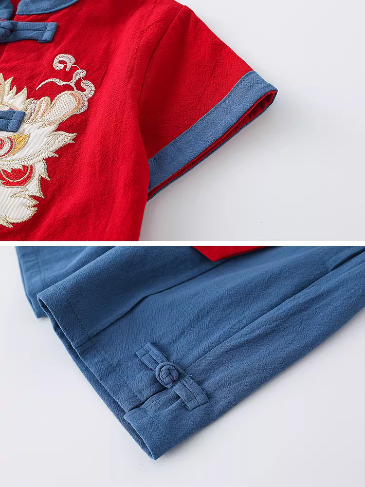 Bộ đồ ngắn tay mùa hè của bé trai Hanfu Bộ đồ ngắn tay phong cách Trung Hoa Bộ đồ Tang cho bé trai Váy sinh nhật đầu tiên của bé trai Quần áo truyền thống Trang phục mùa hè của trẻ em