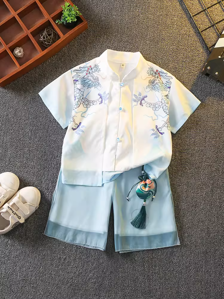 Hanfu cho bé trai, trang phục truyền thống kiểu Trung Hoa cho trẻ em, trang phục lễ nghi một tuổi theo phong cách cổ xưa mùa hè, trang phục truyền thống Trung Quốc, bộ đồ Tang mỏng cho trẻ sơ sinh.