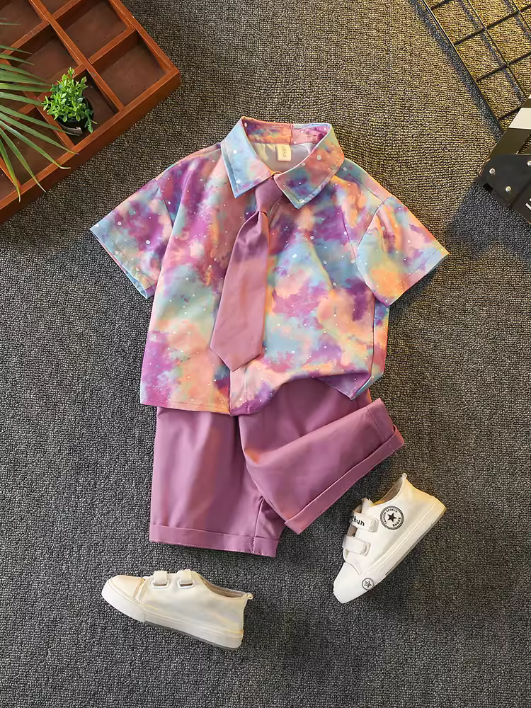 Bộ áo sơ mi hè bé trai 2025 kiểu dáng mới thời trang, áo sơ mi cà vạt màu tím mát mẻ cho bé, quần áo hè cho bé