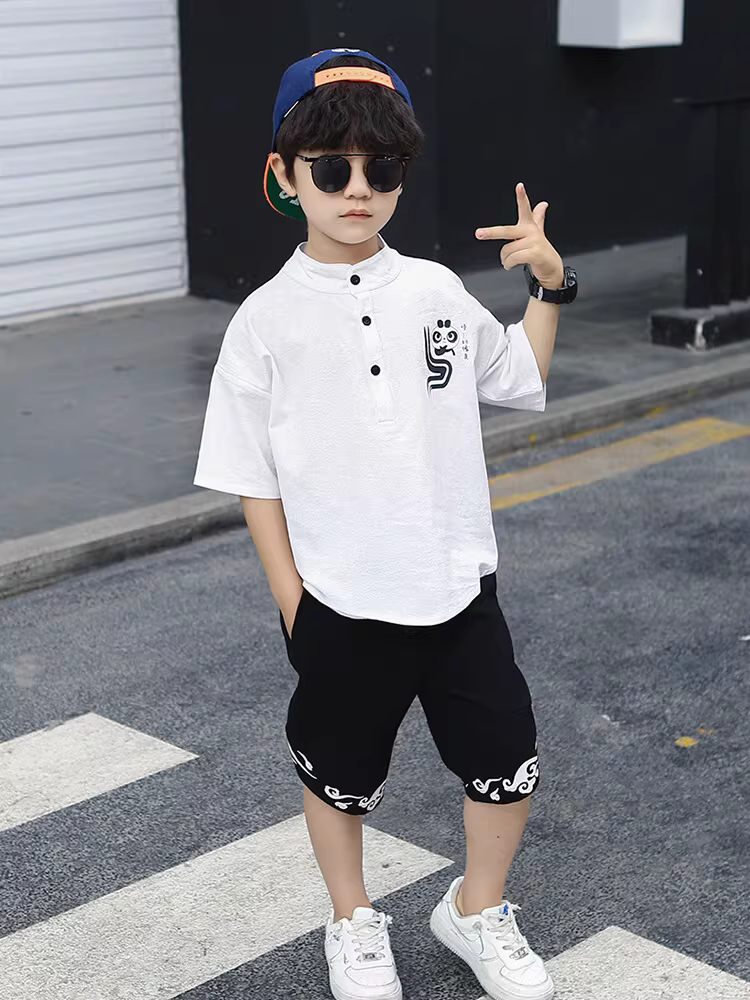 Trang phục mùa hè cho bé trai 2025 kiểu mới, phong cách Trung Hoa, Hanfu, chất liệu cotton và linen, thời trang, lịch lãm.
