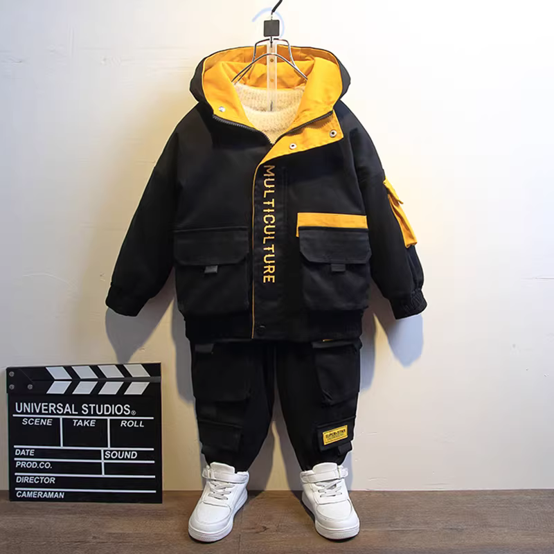 Bộ đồ bé trai lót lông dày dặn thời trang mùa đông 2025, kiểu Hàn Quốc, bộ hai mảnh thu đông cho bé