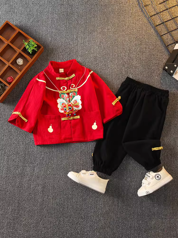 Bộ đồ Hanfu phong cách Trung Hoa dành cho bé trai trang phục mùa hè phong cách dân tộc váy sinh nhật đầu tiên của bé Tang suit tay ngắn bằng vải cotton nguyên chất trang phục cổ xưa