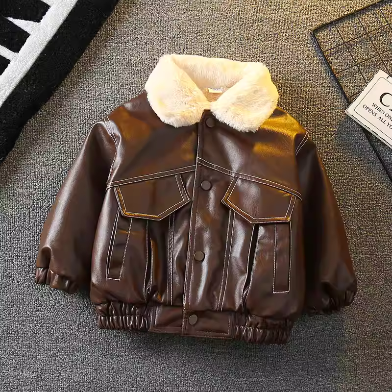 Áo khoác da lót lông cừu cho bé trai 25 kiểu mới Quần áo mùa đông cho bé trai Áo khoác da dày dặn phong cách biker trẻ em