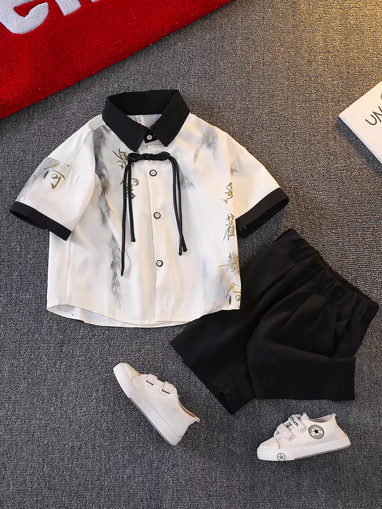 Bộ vest hè bé trai 2025 kiểu Trung Quốc mẫu mới, kiểu Trung Quốc hiện đại, áo sơ mi ngắn tay cải tiến, kiểu cổ điển, bộ vest áo sơ mi