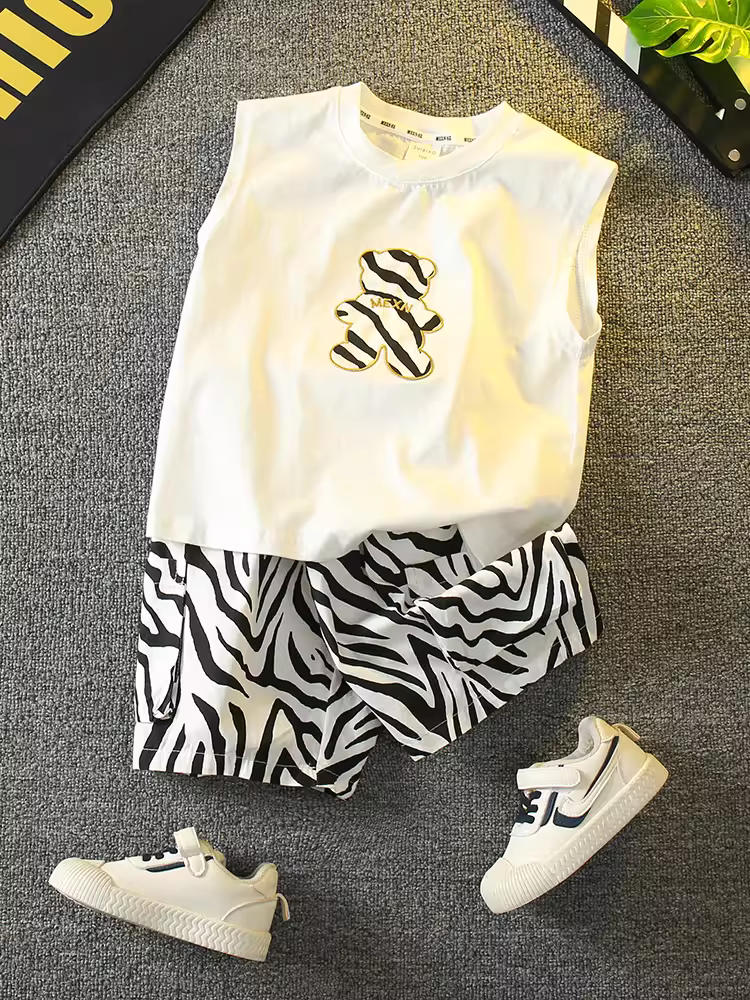 Bộ vest hè bé trai kiểu mới 2025, quần áo trẻ em không tay thời trang, mát mẻ và sành điệu