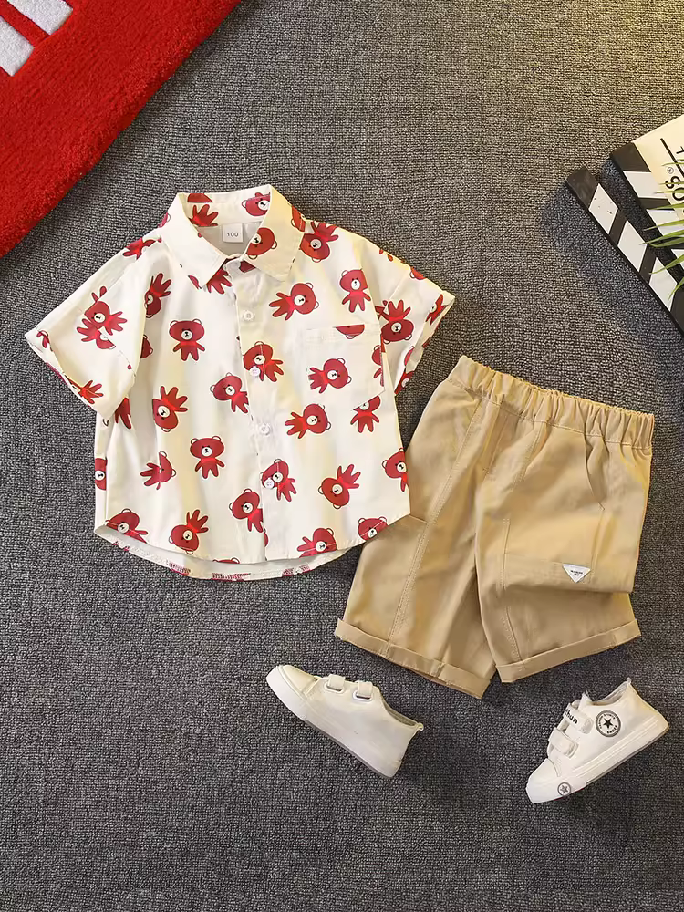 Bộ áo sơ mi bé trai 2025 kiểu Hàn Quốc mới, áo trẻ em mùa hè mỏng mát, bộ hai mảnh tay ngắn thời trang