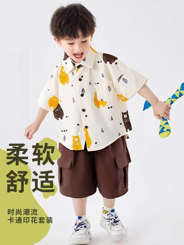 Bộ áo thun ngắn tay bé trai kiểu mới 2025, thời trang phong cách Hàn Quốc, bộ đồ hai mảnh mùa hè cho bé