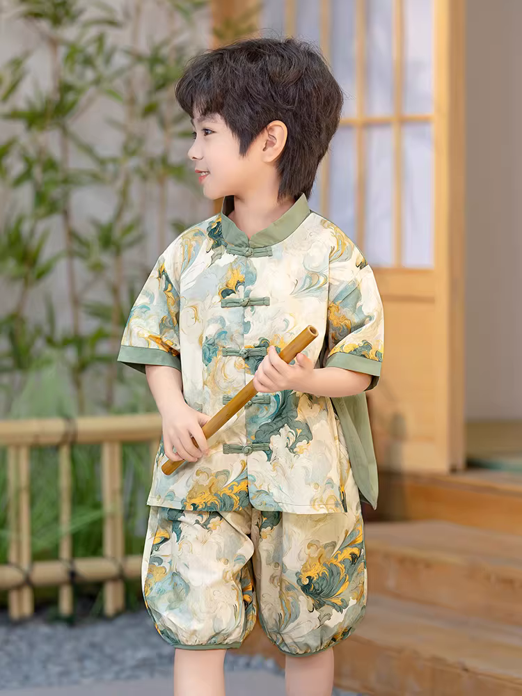 Bộ đồ Hanfu kiểu Trung Quốc mới cho bé trai, bộ đồ mùa hè kiểu Đường, chất liệu mỏng, tay ngắn, kiểu Trung Quốc, mẫu mới 2025