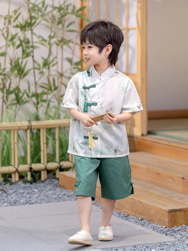 Bộ đồ kiểu Trung Hoa mới cho bé trai mùa hè 2025, trang phục phong cách dân tộc mới cho trẻ em, quần áo ngắn tay mùa hè cho bé trai