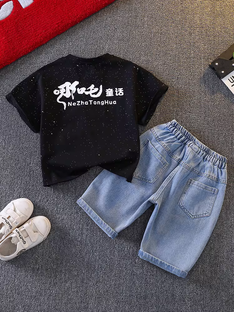 Trang phục mùa hè cho bé trai, trang phục Nezha sành điệu, mẫu mới 2025, trang phục mùa hè mỏng mát mẻ hợp thời trang dành cho trẻ em.