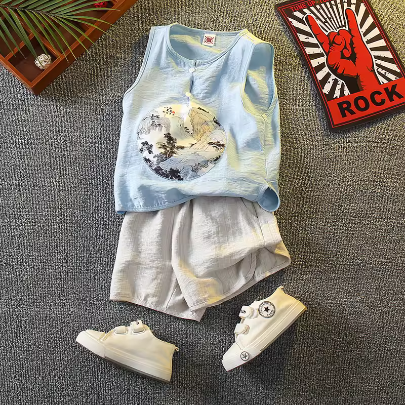 Bộ trang phục biểu diễn mùa hè kiểu Trung Quốc mỏng dành cho bé trai Hanfu, áo vest không tay, trang phục dân tộc kiểu Đường dành cho trẻ em