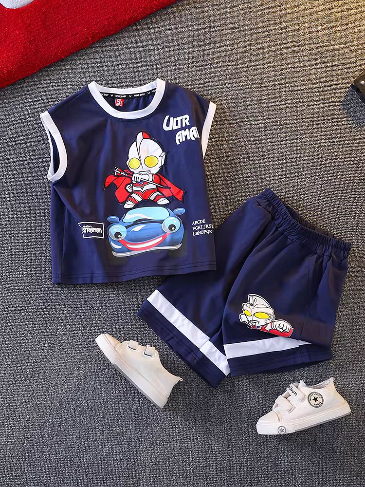 Bộ trang phục hè cho bé trai 2025, bộ vest và quần đùi hai mảnh mới, chất liệu mỏng, thời trang và sành điệu cho bé trai