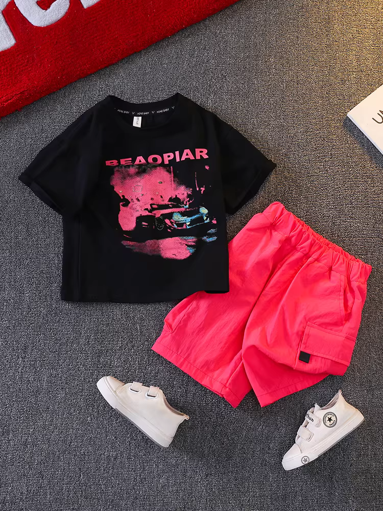 Bộ trang phục hè cho bé trai 2025, bộ hai mảnh ngắn tay mới, thời trang, sành điệu, đẹp trai