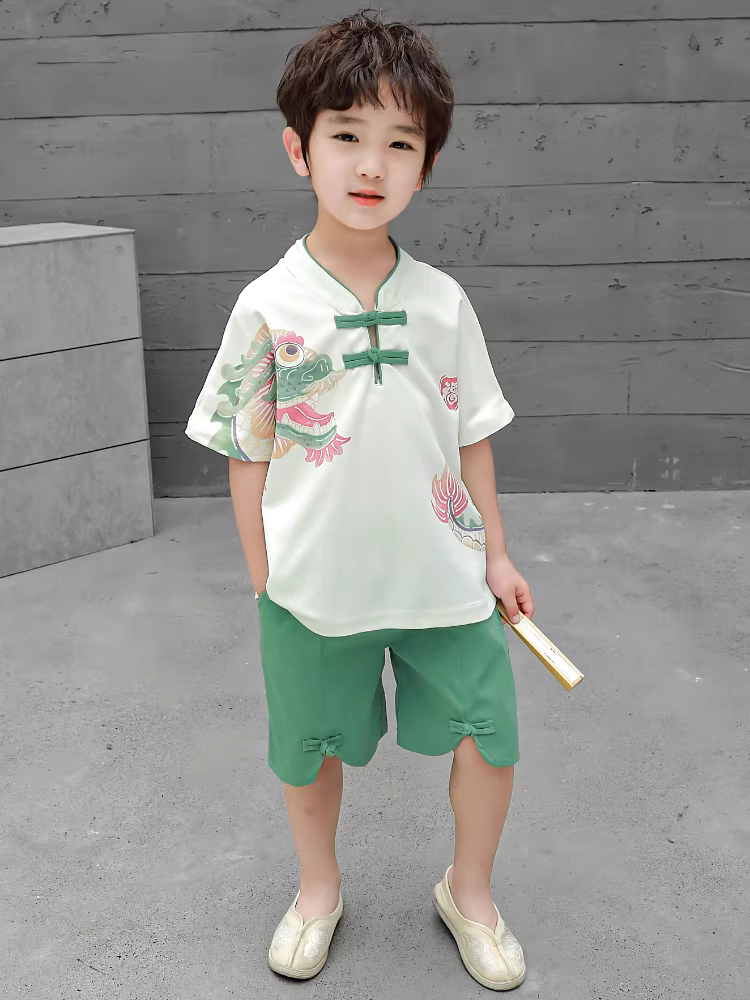 Bộ vest ngắn tay mùa hè cho bé trai kiểu mới 2025, phong cách Trung Hoa cổ điển, trang phục trẻ em, quần áo bé trai đẹp trai, phong cách cổ xưa