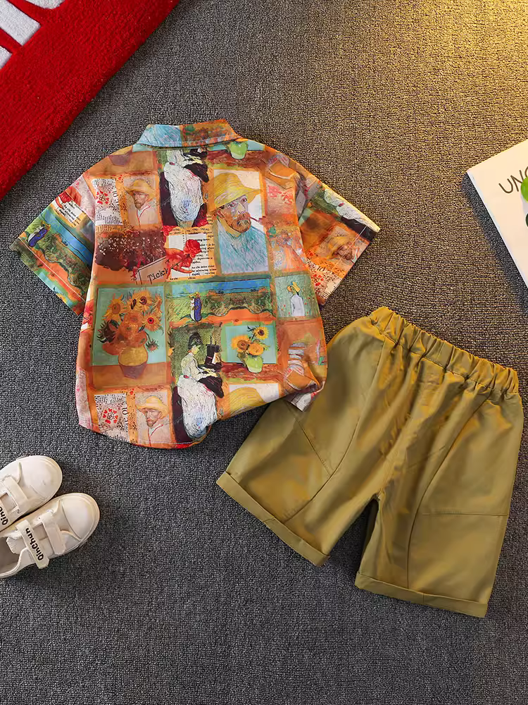 Quần áo mùa hè cho bé trai, bộ áo sơ mi trẻ em mát mẻ và sành điệu, quần áo ngắn tay trẻ em hợp thời trang mới, bộ hai mảnh mỏng mùa hè, hợp thời trang