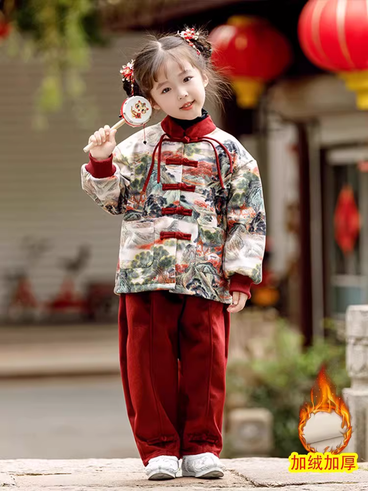 Trang phục Tết cho bé trai, bộ đồ Tang cho trẻ em, bộ Hanfu cho bé, Năm Rồng, phong cách Trung Hoa, mẫu mới, màu đỏ Tết có lớp lót lông cừu