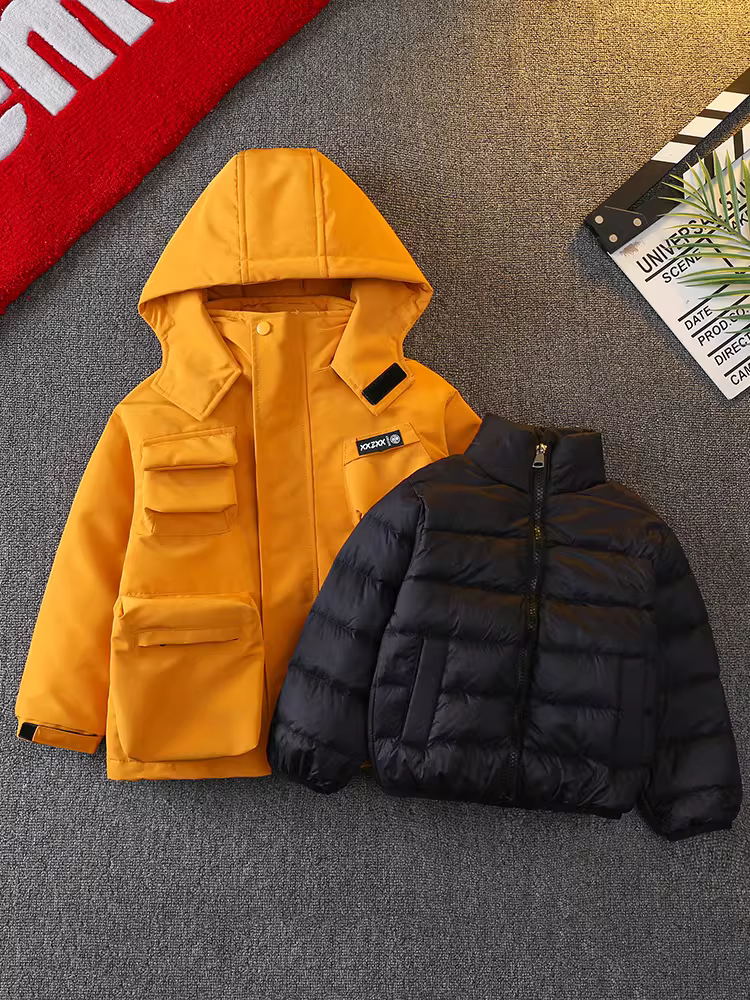 Áo khoác chần bông cho bé trai, áo khoác bảo hộ lao động có mũ trùm đầu cho trẻ em, áo mùa thu đông cho trẻ nhỏ, quần áo và áo khoác kiểu mới 2025