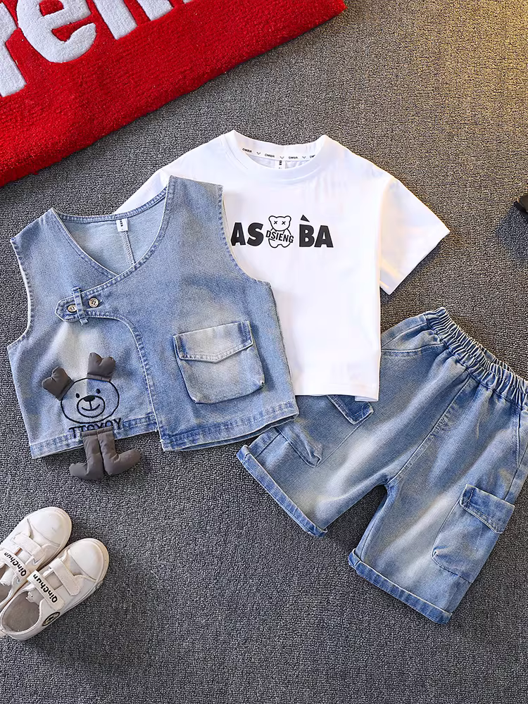 Bộ vest bé trai hè 2025 kiểu Hàn Quốc mới, quần áo hè trẻ em, áo không tay, trang phục hè, đồ thể thao bé trai thời trang