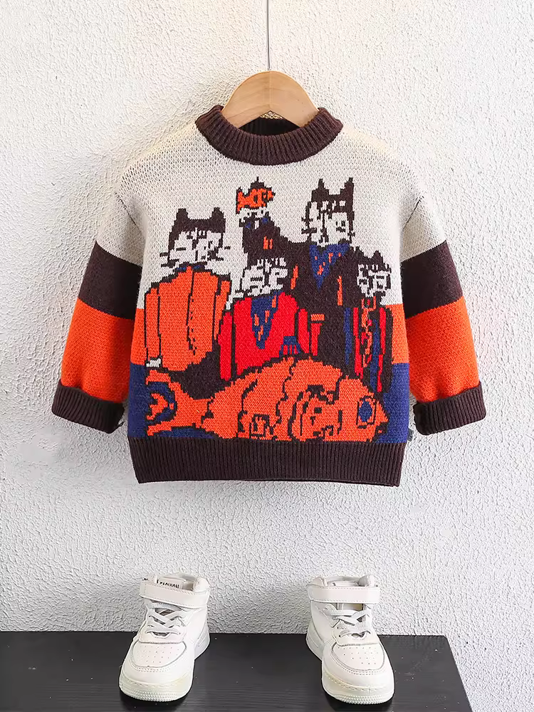 Áo len bé trai mùa đông 2025, áo len cổ tròn trẻ em mới, áo len dệt kim dày giữ ấm mùa thu đông, thời trang và cá tính
