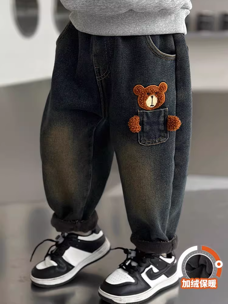 Quần jeans mùa đông bé trai kiểu mới 2025, quần lót lông cừu trẻ em, quần dài dày giữ ấm mùa thu đông cho bé trai, kiểu dáng thời trang