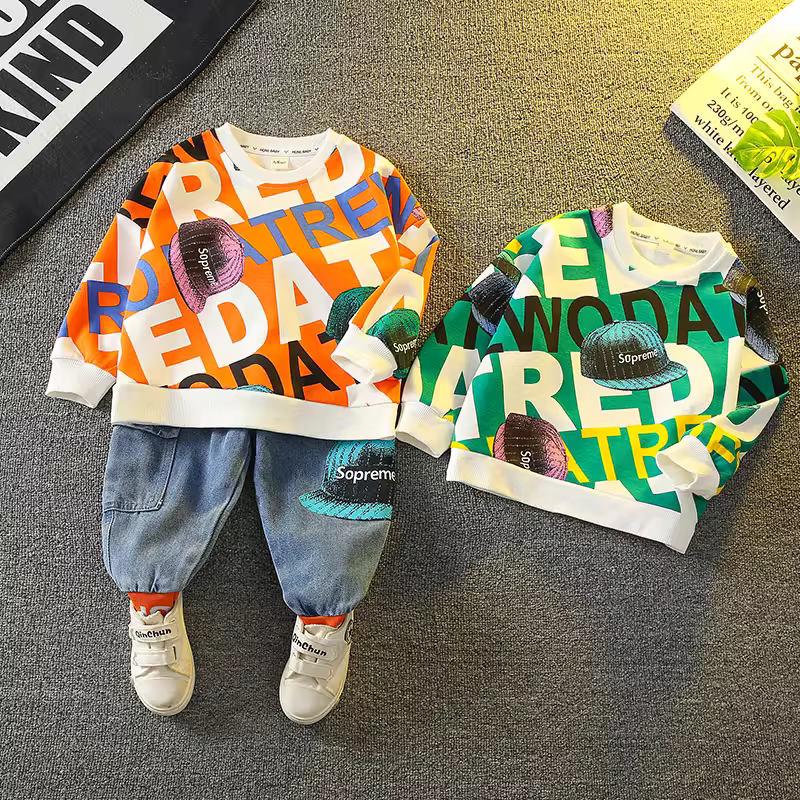 Bộ trang phục mùa xuân cho bé trai 2025, quần áo mùa thu thời trang mới cho trẻ sơ sinh và bé trai, áo nỉ trẻ em hợp xu hướng cho mùa xuân và mùa thu.