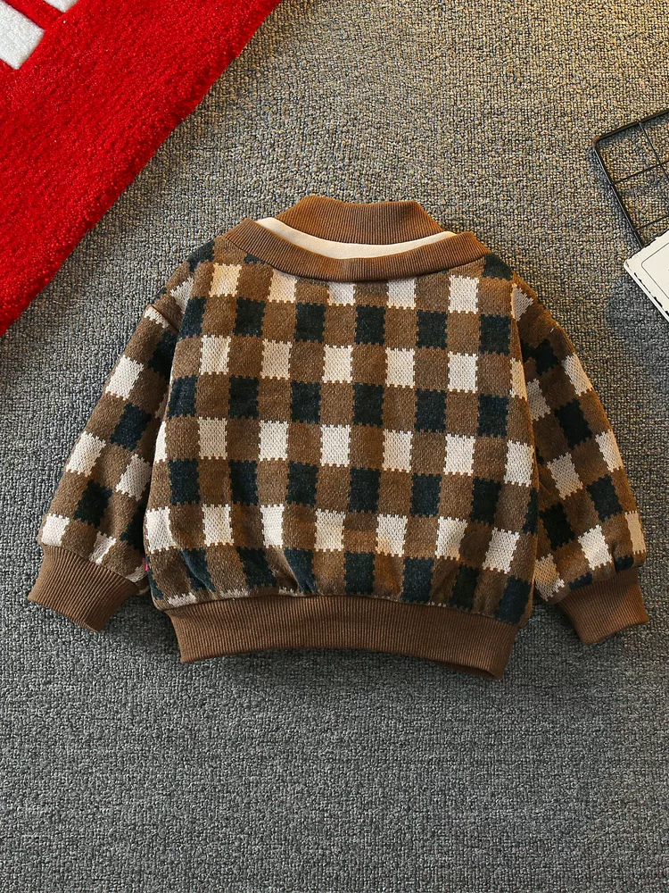 Áo len nỉ bé trai mùa đông 2025, quần áo trẻ em mới, thời trang, áo giữ ấm dày dặn tích hợp lớp lông cừu