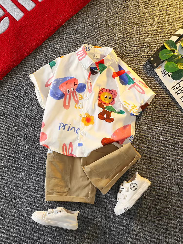 Bộ quần áo hè bé trai 2025 mới, phong cách Hàn Quốc, thời trang đường phố, áo thun ngắn tay cá tính