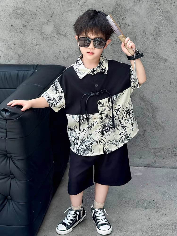 Trang phục mùa hè thời trang cho bé trai 2025, áo sơ mi ngắn tay trẻ em kiểu mới, mỏng, phong cách Hanfu Trung Hoa, kiểu Tang phục
