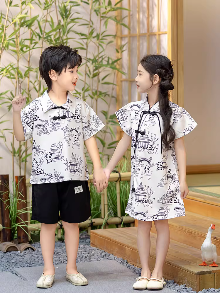 Trang phục gấu trúc kiểu Trung Hoa dành cho bé trai, váy sườn xám dành cho bé gái, trang phục anh chị em Hanfu vẽ tranh mực, trang phục biểu diễn, quần áo mùa hè cho trẻ mới biết đi