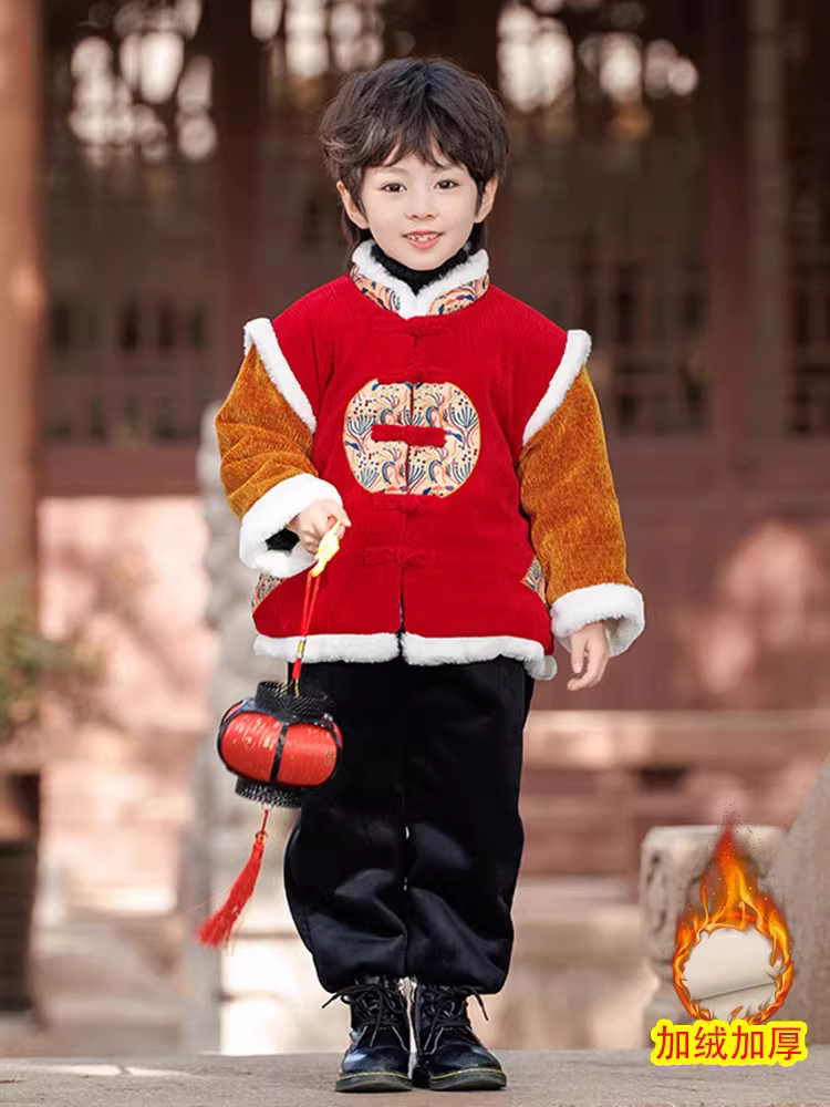 Trang phục Tết cho bé trai, bộ đồ Tang cho trẻ em, bộ Hanfu cho bé, mẫu mới Tết Kỷ Rồng 25, kiểu dáng mùa đông lót lông màu đỏ