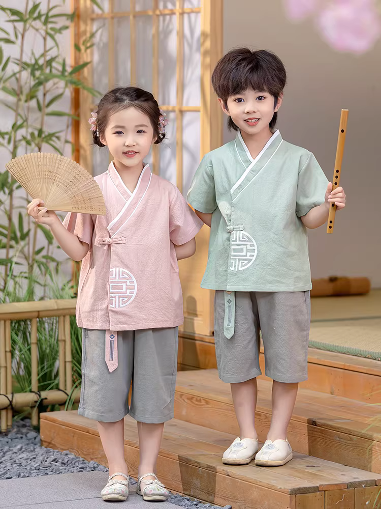 Bộ quần áo ngắn tay mùa xuân hè Hanfu dành cho bé gái Bộ quần áo biểu diễn ngày lễ hội của trẻ mẫu giáo Trang phục mùa hè phong cách Trung Hoa dành cho bé trai
